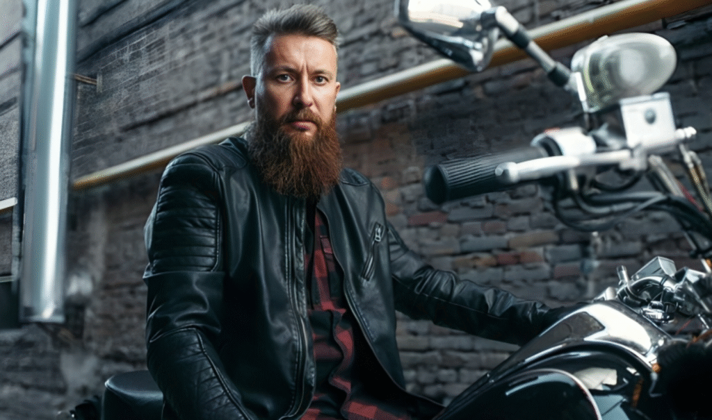 Bearded man in a sleek black leather jacket sitting confidently on a motorcycle, with a rustic brick wall backdrop