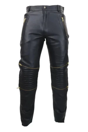 Men’s Leather Trouser Jeans Gold Zips Classic Goth Punk
