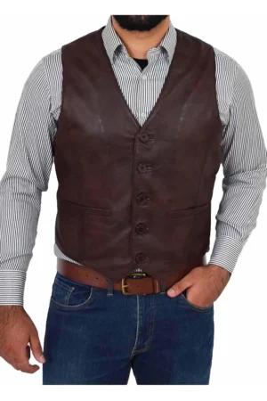 Mens Button Fastening Leather Waistcoat Nick Brown