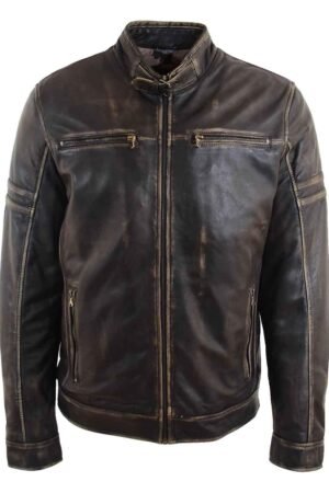 Mens Real Leather Biker Jacket Vintage Rub Off Effect RICKY