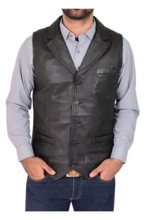 Mens Leather Buttoned Waistcoat Gilet Calvin
