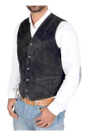 Mens Suede Button Fastening Waistcoat Don Black
