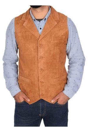 Mens Suede Buttoned Waistcoat Gilet Devin Tan