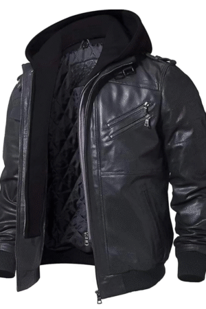 Men’s Real Leather Jacket with Removable Hood