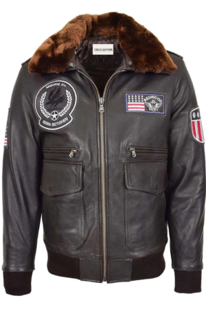 Mens Leather Bomber Jacket with Detachable Collar Arthur Brown