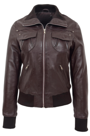 Womens Leather Classic Bomber Jacket Motto Brown