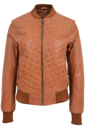 Womens Leather Varsity Quilted Bomber Jacket Sally Tan