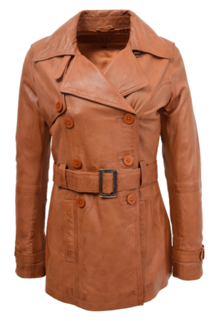 Womens Leather Double Breasted Trench Coat Sienna Tan
