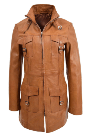 Womens Leather Dual Zip Fastening Jacket Kendall Tan