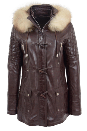 Womens Original Duffle Style Leather Coat Ariel Brown