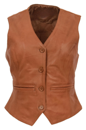 Womens Leather Classic Buttoned Waistcoat Rita Tan