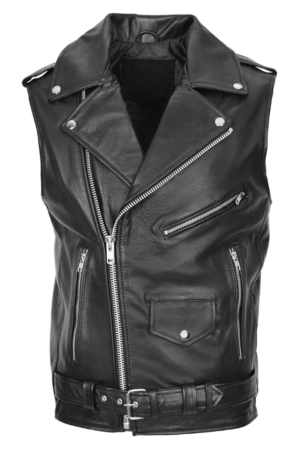 Mens Leather Waistcoat Cross Zip Biker Brando Gilet Jones Black