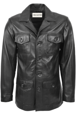 Mens Leather Reefer Jacket Button Fastening Jerry Black