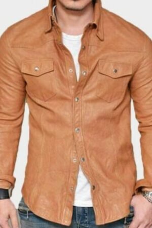 Cielo Leather Men's Genuine Leather Slim Fit Biker Shirt with Vintage Full Sleeves