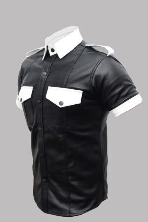 Slim-Fit Half-Sleeve Vintage Biker Shirt in Genuine Leather for Men