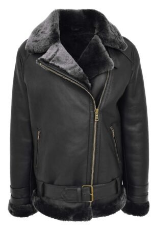 Womens Sheepskin Aviator Cross Zip Pilot Jacket Lena Black