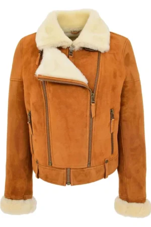 Womens Sheepskin Aviator Pilot Jacket Nora Tan White