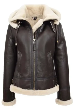 Womens Sheepskin B3 Detachable Hoodie Jacket Naomi Brown White